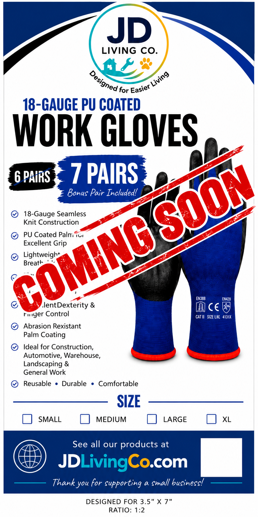 18-Gauge PU Coated Work Gloves — 7 Pairs