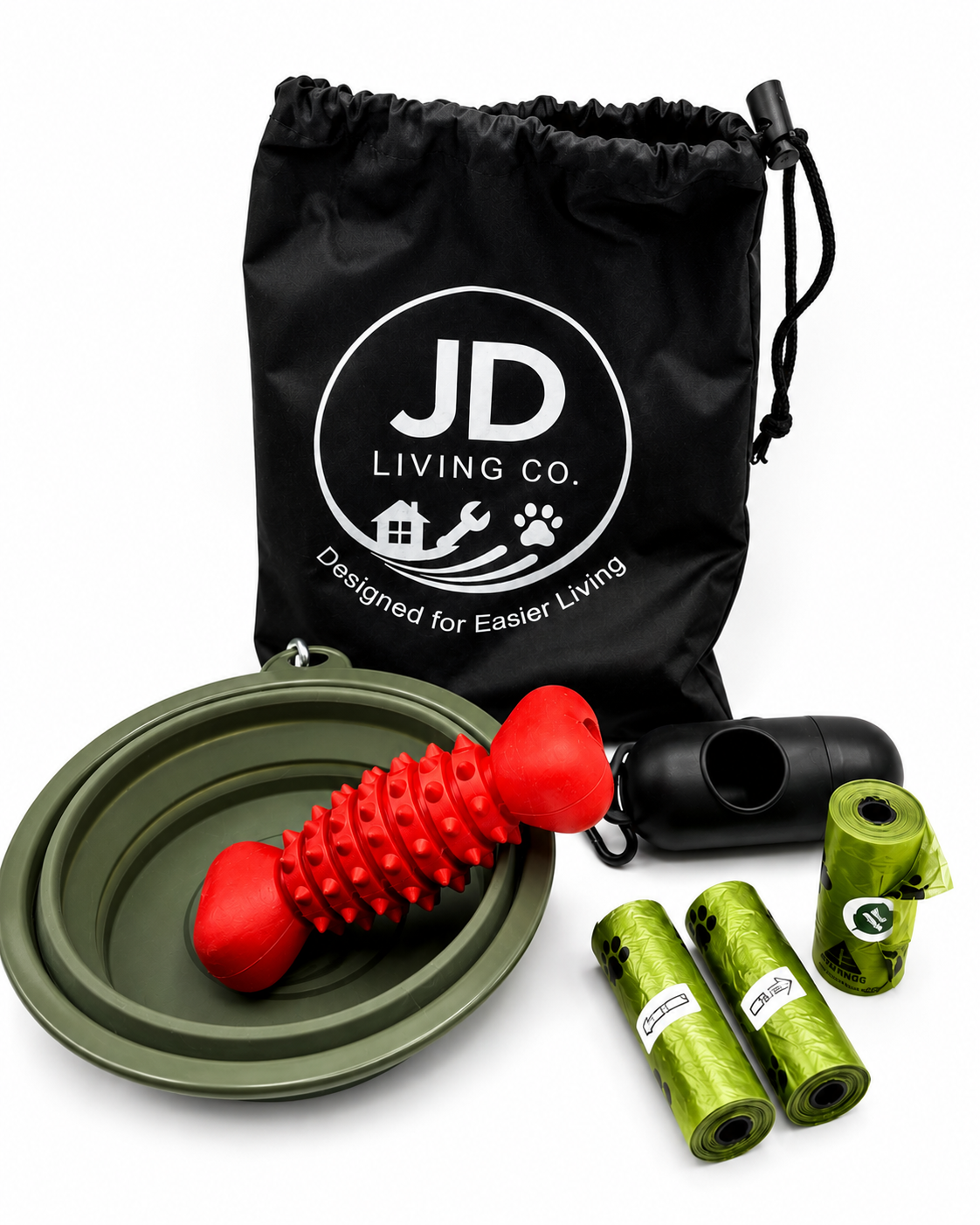 Dog Travel Kit with Collapsible Bowl, Waste Bag Dispenser & Chew Toy