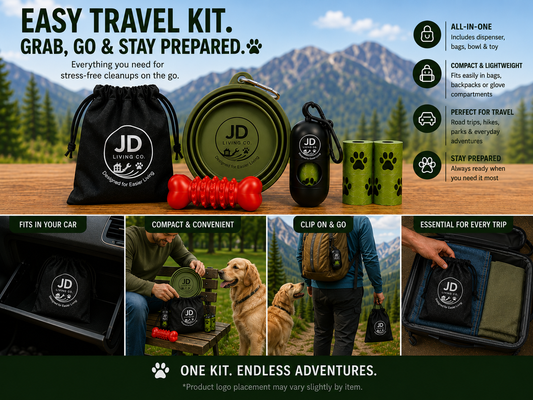 Dog Travel Kit with Collapsible Bowl, Waste Bag Dispenser & Chew Toy